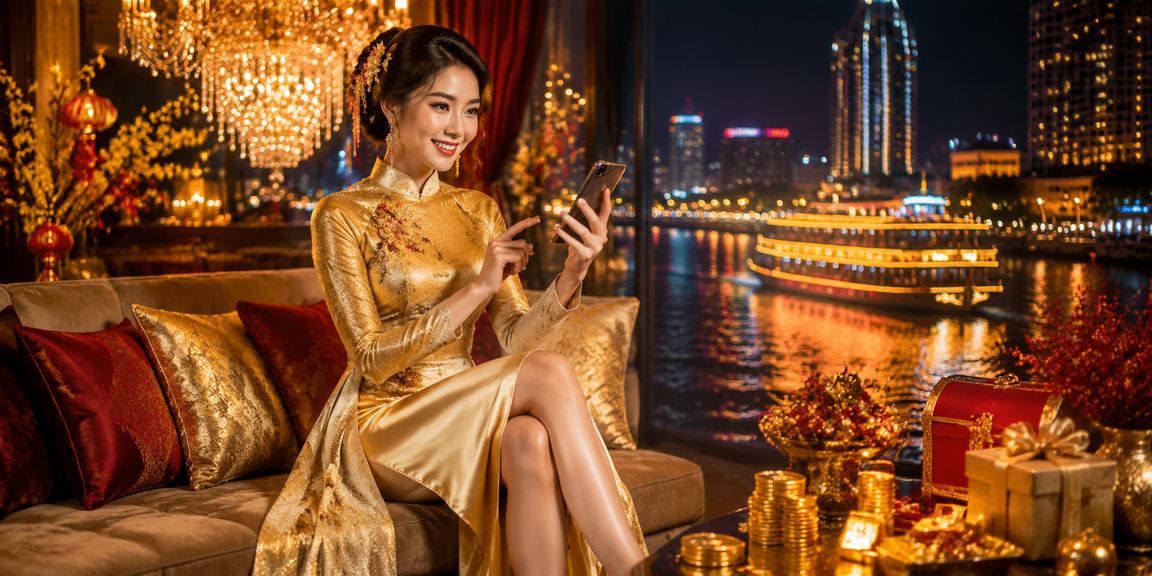 Người phụ nữ mặc áo dài sử dụng điện thoại xem xổ số tại vùng Mekong